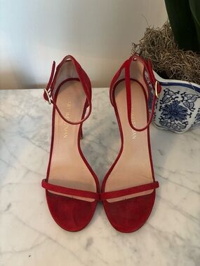 Stuart Weitzman Red Suede Open-Toe Ankle-Strap Heels